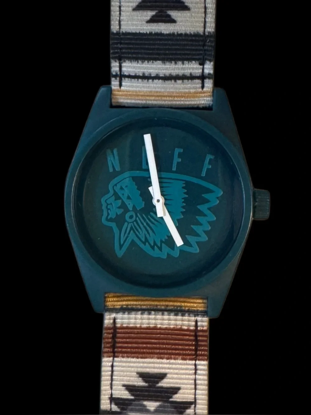 Neff Daily Mens Watch Aztec Print Woven Band, Teal Face W/ Chief Profile